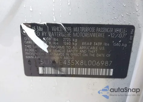 2008 BMW X5 3.0Si from USA, damaged, VIN 5UXFE435X8L006987